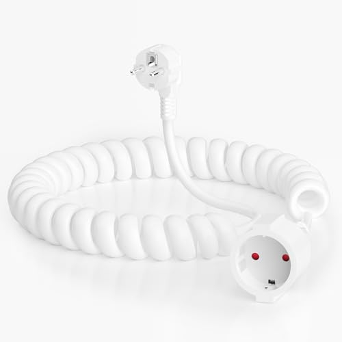 Schuko Verlängerungskabel, 2M Schutzkontakt-Spiralverlängerung, von 0,6 m bis 2 m Max, Spiralkabel 3G x 1,0 mm², IP20 PVC Verlängerungskabel, (230V/16 A) mit Schuko Stecker & Kupplung, Weiß