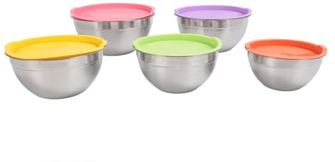 5 PCS Mezclando Tazones, Tazón para Mezclar Pastel, Tazones de Almacenamiento de Anidación, Tazones de Preparación de Cocina con Tapas de Acero Inoxidable para Cocinar para Cocinar