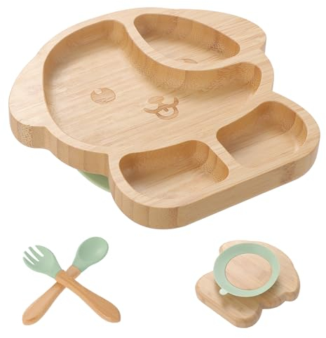 KEESIN Bambus Kindergeschirr 4er Set Babyteller mit Saugnäpfen Zubehör für Babynahrung 1 Silikonlöffel 1 Silikongabel Teller mit Saugnäpfen (Welpen)
