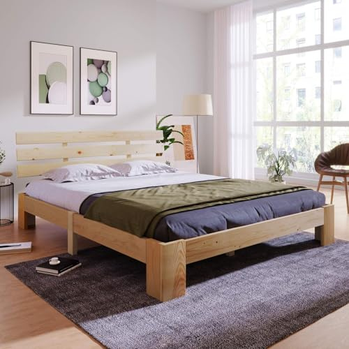 KOMHTOM Lit en Bois avec Tête de lit de Rangement, Lit Simple, Cadre de Lit Plateforme avec Sommier à Lattes pour Enfant, Adolescents(sans Matelas) (B, 140x200cm-Naturel)