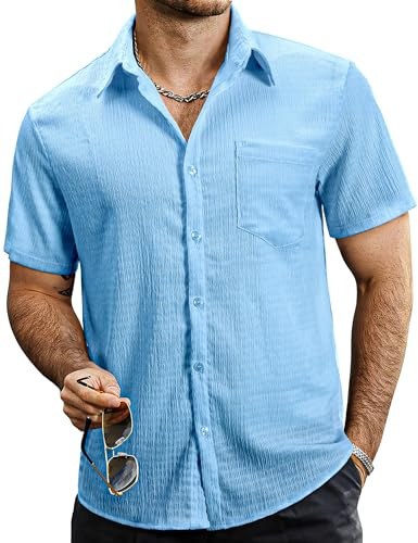 VATPAVE Mens Button Down Short Sleeve Shirt Summer Shirts M P LightBlue