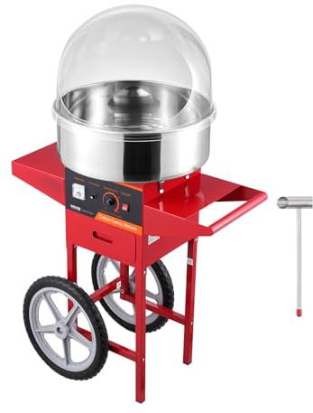 VEVOR Elektrische Zuckerwattemaschine mit Wagen, 1 kW kommerzielle Zuckerwattemaschine mit Abdeckung, Edelstahlschüssel, Zuckerschaufel und Schublade, für Kindergeburtstage, Familienfeiern, Rot
