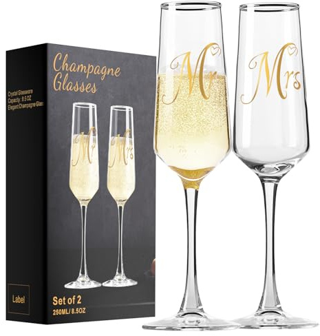 Haoxishui Mr and Mrs Champagne Flutes Set of 2, Tall Hand-Blown, 8.5 fl oz