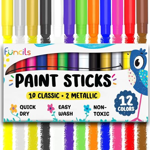 Funcils 12 Tempera Paint Sticks for Kids & Toddlers - Quick Dry, Non-Toxic Washable Paint for Kids - Art & Craft Supplies Set, Children Painting Pens with Metallic Gold & Silver Color Ages 1 2 3 4 5 6