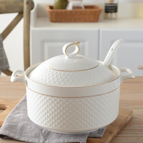 NNYCC Soupière Blanche avec Doré Bord, Bol de Service de Soupe à Double Poignée avec Couvercle et Cuillère Vaisselle en Porcelaine Tendre,2.2L