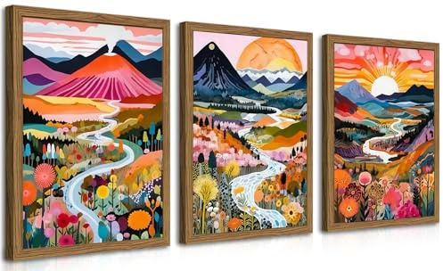Wood Frame Boho Colorful Wall Art, Set of 3 Abstract Watercolor Mountain Landscape Wall Decor Painting, Modern Flower Aesthetic Posters Prints for Living Room Bathroom Bedroom 12x16In Framed
