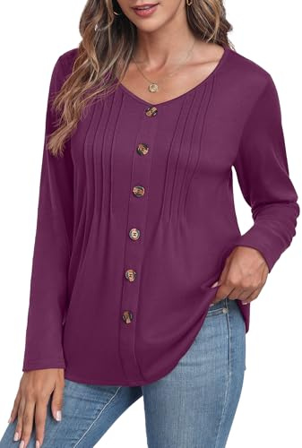 GRECERELLE Tunique Femme Chic Et Élégant Tee Shirt Manche Longue Femme Décontracté Haut Blouse Col V avec Boutons (Pourpre Rouge, M)