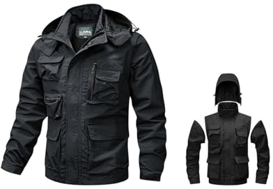 VaiKanhai Veste de pêcheur pour homme - Capuche amovible et manches longues - 2 en 1 - Gilet de pêche d'été - Multi poches - Veste tactique baggy - Veste bomber respirante pour homme, Noir , 4XL
