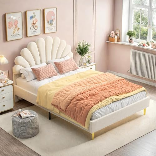 Générique Lit rembourré 140x200 cm pour Enfant Lit Double pour Fille Adolescent avec tête de lit en Forme de Fleur et sommier à Lattes Cadre Delit rembourré, Velours, sans Matelas