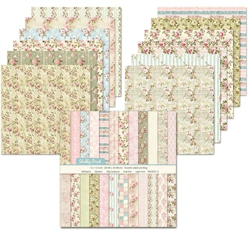 24 ark scrapbookingpappersblock, 30,5 x 30,5 cm, dubbelsidig scrapbookingpapper, 24 dekorativa kartongmönster för gör-det-själv-album (rosa + blå, 30,5 cm)
