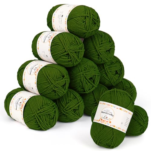Aeelike 12 Pack Double Knitting Yarn Acrylic Wool Crochet Yarn 50g, 600g Soft 5Ply Milk Cotton Yarn Knitting Wool Set for Beginners Crochet Amigurumi, Baby Blanket, Socks and Scarves (Dark Green)