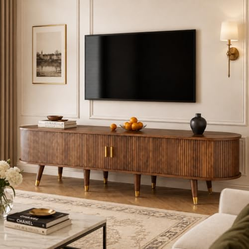 OLIVIBED Soporte de TV con lados de ratán, mueble bajo con 2 puertas y cajones, mueble de TV para televisores de menos de 75 pulgadas, mueble de TV para sala de estar, comedor, color madera, 175 x 38