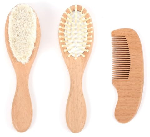 Noaxylic Cepillo Bebé, Cepillo Pelo Bebé, Juego de 3 cepillos para el Pelo de Bebés y Peine, Brush con Cerdas Suaves Naturales, mango de madera, para Recién Nacidos y Niños Pequeños