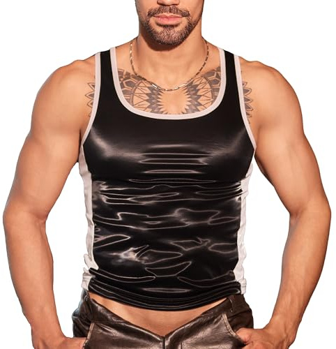 Mens Faux Leather Vest, Striped Sleeveless Tank Tops for Activewear