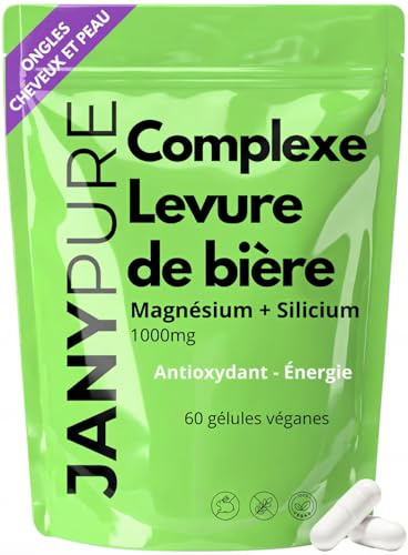 Complexe Levure de Bière Cheveux 1000mg + Magnésium Silicium Vitamine B - Complément Alimentaire Pousse Cheveux Anti Chute - Peau Nette Ongles Forts - 60 Gélules Véganes Sans Gluten - Cure 1 Mois