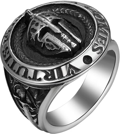 Flongo Spartan krigare ring för män: Sigillring i viking hjälm och mask design, medeltida gotiska smycken i punk rockstil, symbol för styrka och mod, presentidé för män – storlek 57
