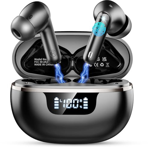 Auriculares Inalámbricos Bluetooth 5.4, Cascos Inalambricos Sonido HiFi Estéreo, Cancelación de Ruido ENC en Llamada, 45h Reproducción, IP7 Impermeable, Pantalla LED Digital, Carga Rápida USB Tipo-C