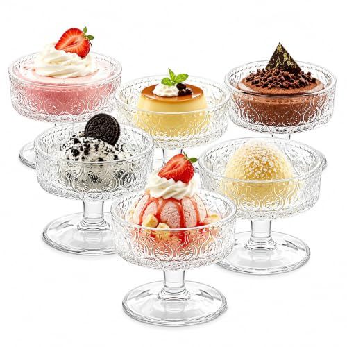 Dessertskålar av glas, uppsättning med 6 glasskoppar med fot för dessert 350 ml