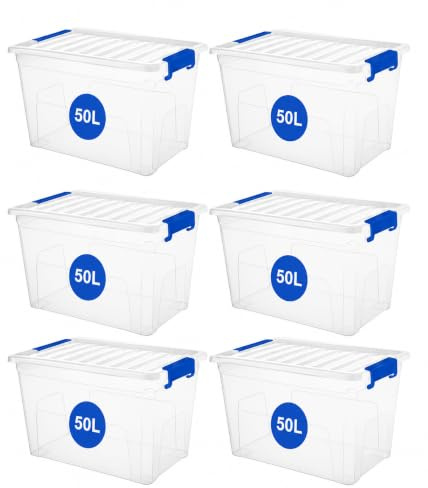 RelianceUK 6 X 50 Litre Storage Boxes with Lids Set of 6, Clip-Lock Lids, Sturdy 50L Clear Containers Stackable Plastic Storage Box with Lids for Home, Kitchen, Garage, Office, Moving & Storage