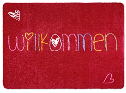 deco-mat Fußmatte Willkommen 50 x 70 cm Rot - rutschfeste, waschbare Fußmatte für Außen und Innen - Saugstarke Schmutzfangmatte für Eingangsbereich