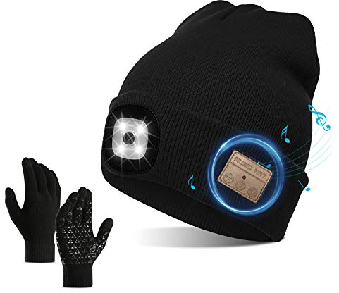 QKTYB Bonnet Bluetooth sans Fil avec Lampe Frontale LED V5.0 pour écran Tactile Gants USB Rechargeable Chapeau de Musique Lavable pour Homme Femme Course à Pied, Ski, randonnée, Camping, Cyclisme