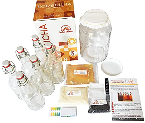 Bucha Brewers Kit de iniciación de Kombucha de lujo con Kombucha SCOBY y té de iniciación, kit completo de kombucha con botellas de vidrio con tapa oscilante, kit de preparación de kombucha + 6