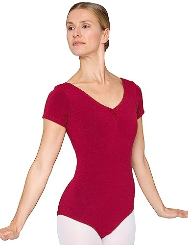 tanzmuster Ballett Trikot Damen Kurzarm - Fenja - Baumwolle - Bustier - geraffter Ausschnitt - burgunder 40 - Tanz Body - Ballettkleidung für Erwachsene