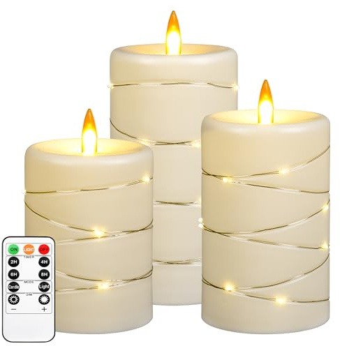 Upinmz Flickering Flameless Candles with String Lights, Battery Operated Candle, LED Candles Unbreakable Acrylic Candles with Remote Control and Timer -3 Pack Ivory White