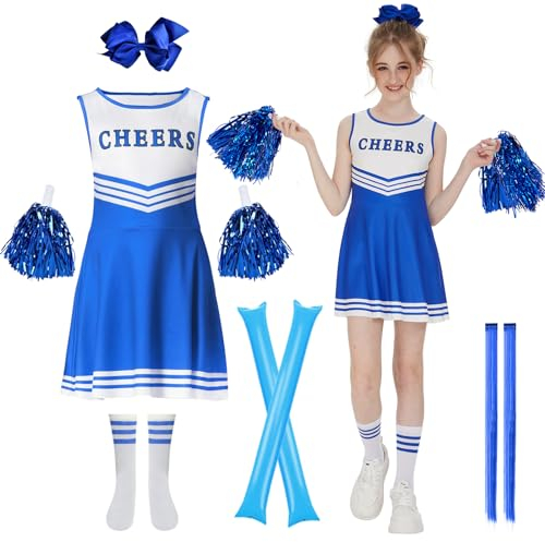 JONRRYIN Cheerleader Kostüm Kinder, Cheerleadering Outfit Mädchen, Cheerleading Uniform Kleid mit Pompoms, Socken und Kopfschmuck, Schulkind Cheer Kostüm Outfit für Karneval Halloween (Blau, 130cm)