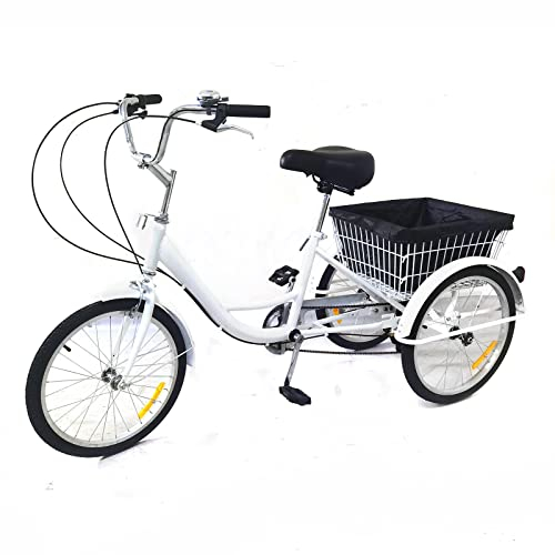 HOARLICN 20 tums trehjuling för vuxna, 8-växlad 3-hjuls ca lastcykel, seniorcykel med shoppingkorg, 24,5 pund att bära höjd justerbar för städer, stränder, cykelvägar, vit