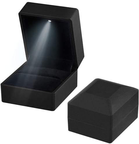 Jinlaili Ringschachtel Hochzeit, 62x57x39MM Ringbox mit LED, Ringschatulle mit Samt Interieur, Schmuck Präsentationsbox, Ringkästchen für Vorschlag Verlobung Hochzeit Zähler Display (Schwarz 2)