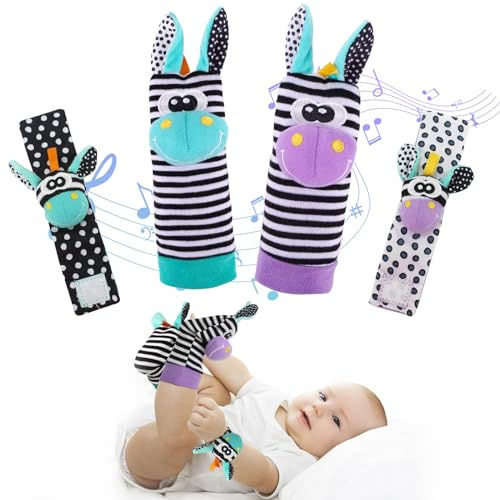 4 Paires de chaussettes hochets sensoriels pour bébés 0-6 mois avec grelots idéales comme cadeau de naissance