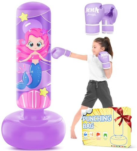 JUOIFIP Boxsack für Kinder, 168cm Großer Aufblasbarer Boxsack mit Boxhandschuhen, Tolles Geschenk für Mädchen im Alter von 5-12 Jahren, Boxset zum Üben von Karate, Taekwondo, MMA