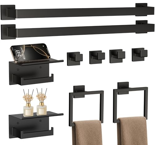 JIXB 10-Piece 23.6 Inch Matte Black Bathroom Hardware Accessories Set, Bath Towel Bar Set, SUS304 Stainless Steel Toilet Paper Holder with Shelf, Towel Hooks, Towel Rings Wall Mounted
