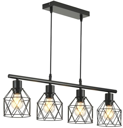 SXHZLY Lampadario a Sospensione Vintage Industriale, 4 Luci Lampada da Soffitto in Metallo E27, Lampada a Sospensione Retrò per Cucina a Isola e Tavolo da Pranzo, Nero, 75 x 13 x 140 cm