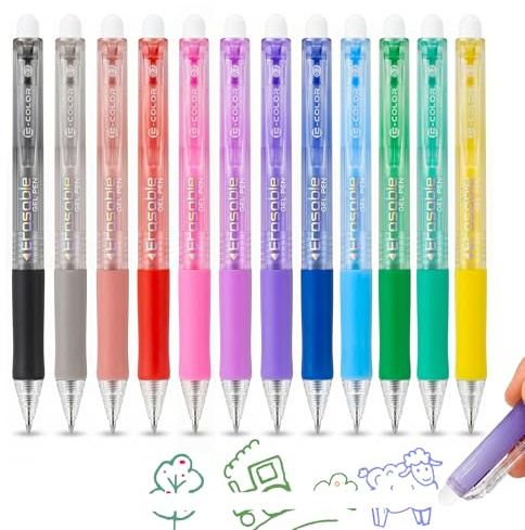 CHANXUAN 12 Couleurs Stylo Effacables Pointe 0,7 mm | Stylo Roller Rechargeable avec Gomme,Encre Gel Effaçable à Bouton-Poussoir pour Fournitures,Notes,Travail,École