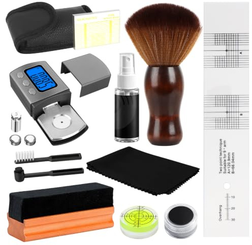 Kit de limpieza de discos de vinilo 11 en 1, kit de alineación de cartucho giratorio con escala digital, regla de acimut, transportador de alineación, nivel de burbuja, cepillo de terciopelo, cepillo