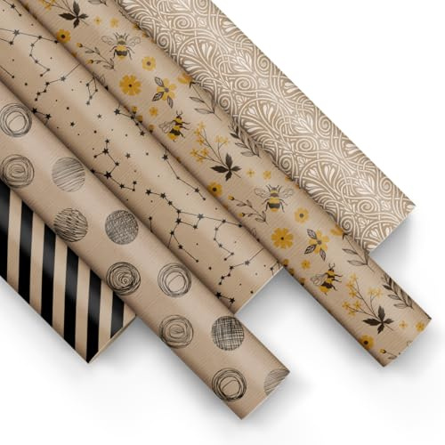PAW - Presentpapper 200 x 70 cm – 5 rullar, blandning av 5 mönster | elegant presentpapper för födelsedagar, bröllop, baby shower, fester och presenter – botanisk
