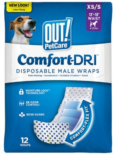 OUT! Disposable Male Dog Diapers | Absorbent Male Wraps with Leak Proof Fit | XS/S - Pack of 12
