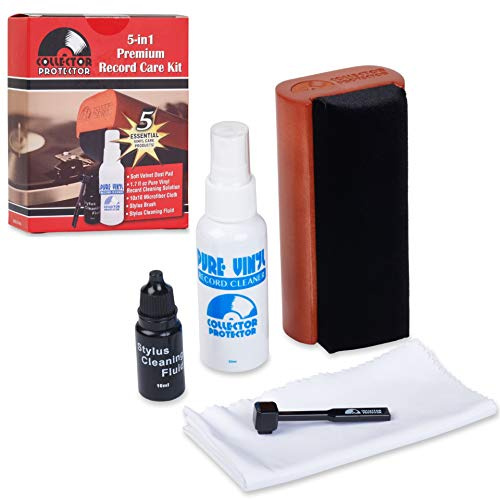 Collector Protector Vinyl Record Cleaner Kit - Includes 70’s-Style Soft Velvet Record Brush, LP Cleaning Solution, Stylus Brush & Cleaning Liquid, Microfiber Cloth & Storage Pouch