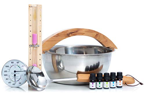SULENO Sauna Set 9-teilig Edelstahl Aufgusskübel Aufgusskelle Klimamesser 5 x Duftkonzentrat Saunazubehör Sanduhr