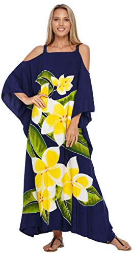 SHU-SHI Womens Kaftan Dress Maxi Beach Cover Up Cold Shoulder Plus Size Caftan Floral Coverup - blue - One Size