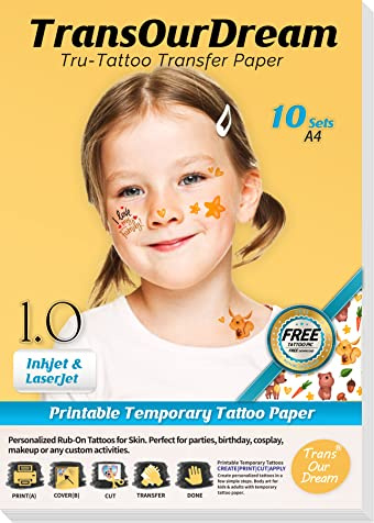 TransOurDream Tru- Transparent Tattoo Paper Clear 10 Sets A4 Printable Temporary Customized Tattoos for Inkjet & Laserjet Printers for candles(TOD-08-10)