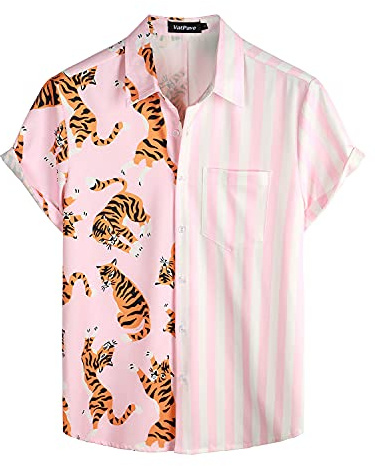 VATPAVE Mens Hawaiian Flamingo Shirts Casual Tropical Short Sleeve Button Down Shirt Summer Beach Shirts Large Pink Tiger Print
