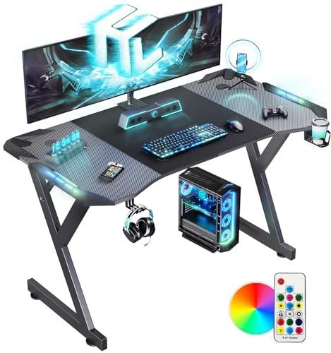HLONONE LED Gaming Schreibtisch 120 x 60 cm, Gaming Tisch mit LED, Stabiler PC Tisch mit Kohlefaserbeschichtung, Gamer Tisch mit Getränkehalter und Kopfhörerhaken, Schwarz