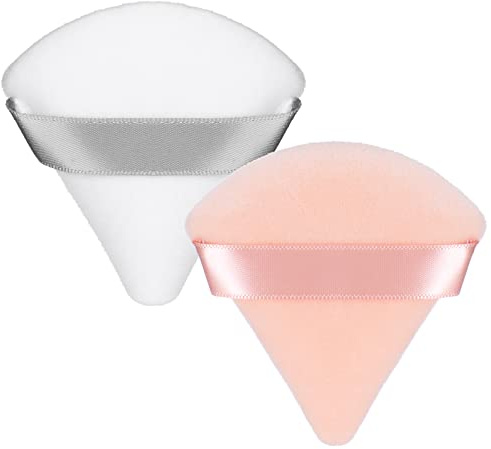Patelai 2 Pcs Powder Puffs Triangle Makeup Sponge Velvet, White, Nude | for Wet Dry Use, Soft Velour Face Puff for Foundation, Reusable Cosmetic Sponge, Elastic Strap for Secure Grip