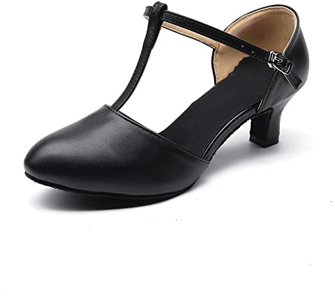 MSMAX Dance Pumps T-Strap Character Latin Heels Black Wedding Shoes 6 M US Women