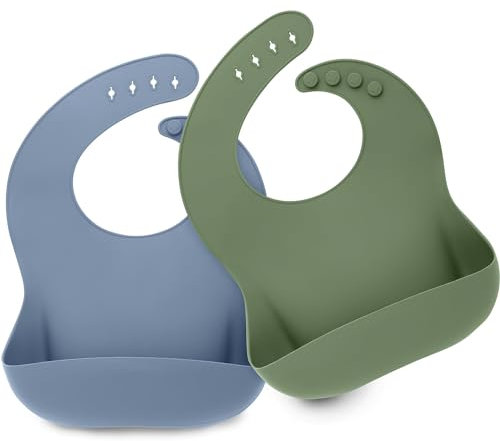 KeaBabies 2-Pack Silicone Bibs for Babies, Toddlers Girl, Boy – Sturdy Food-Grade Baby Bibs for Eating, Large Food Catcher, Clean & Put On Easily, Waterproof Toddler Feeding Essentials (Slate)