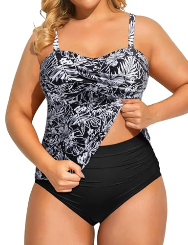 Aqua Eve Women Two Piece Plus Size Tankini Strapless Bathing Suits Bandeau Swimsuits Swimming Costume with High Waisted Bottom, Black Flower, 14 Plus