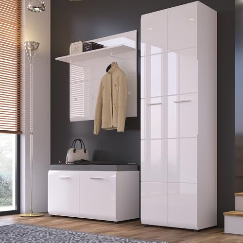 Lomadox Garderoben-Set 3-teilig mit Schuhbank weiß Hochglanz | Flurgarderobe im modernen Stil